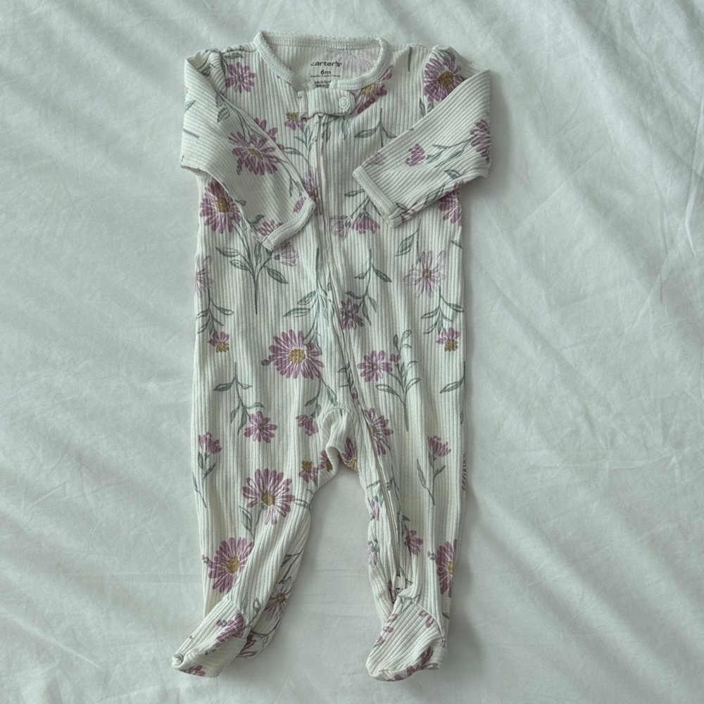 Carter's Cream Ribbed Floral Footed One-Piece with Purple Flowers